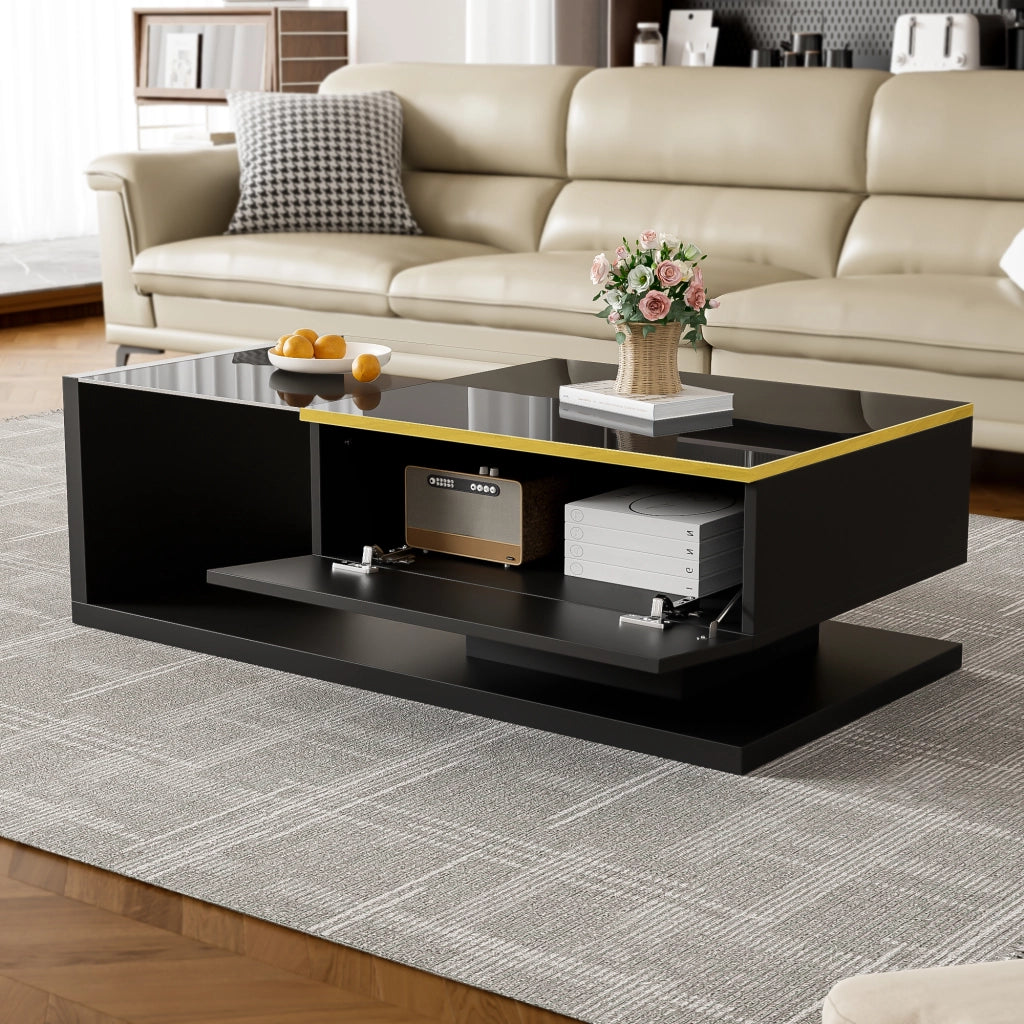 TAVOLINO DA CAFFÈ 100x50 cm Nero lucido con piano in vetro e LED
