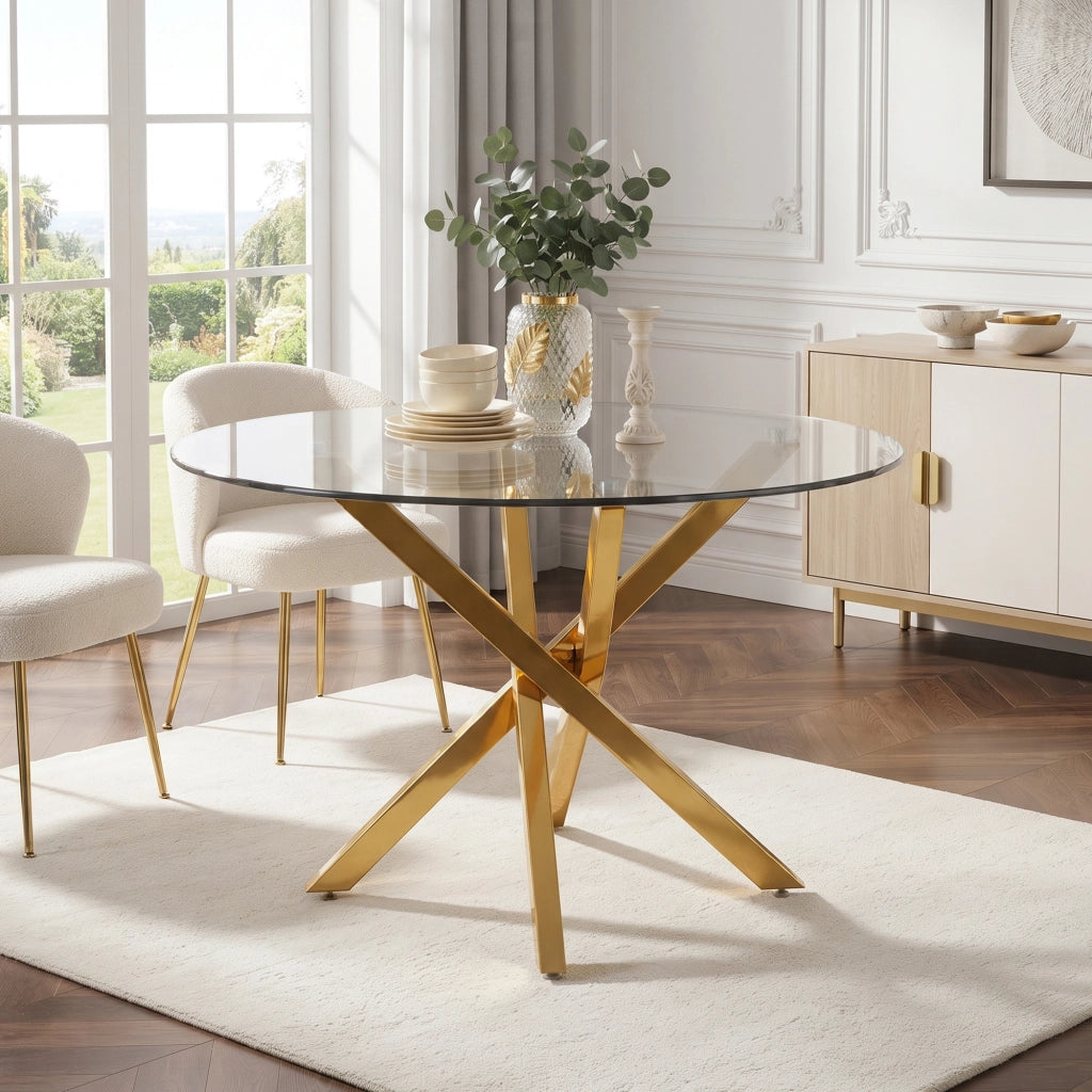 Tavolo da pranzo rotondo in vetro temperato con gambe incrociate cromate oro per soggiorno cucina 80 × 80 × 75 cm