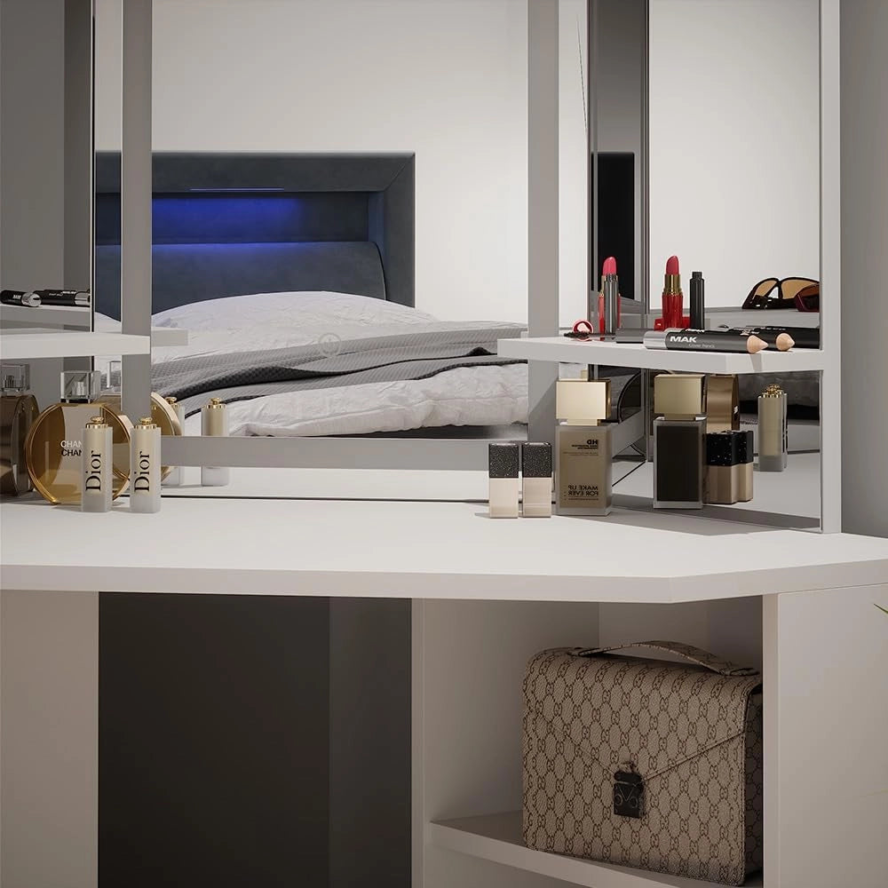 Vicco Tavolo da trucco ad angolo Arielle, Bianco, 110 cm con specchio e sgabello a LED, Fa risparmiare spazio e sfrutta in modo ottimale gli angoli della stanza