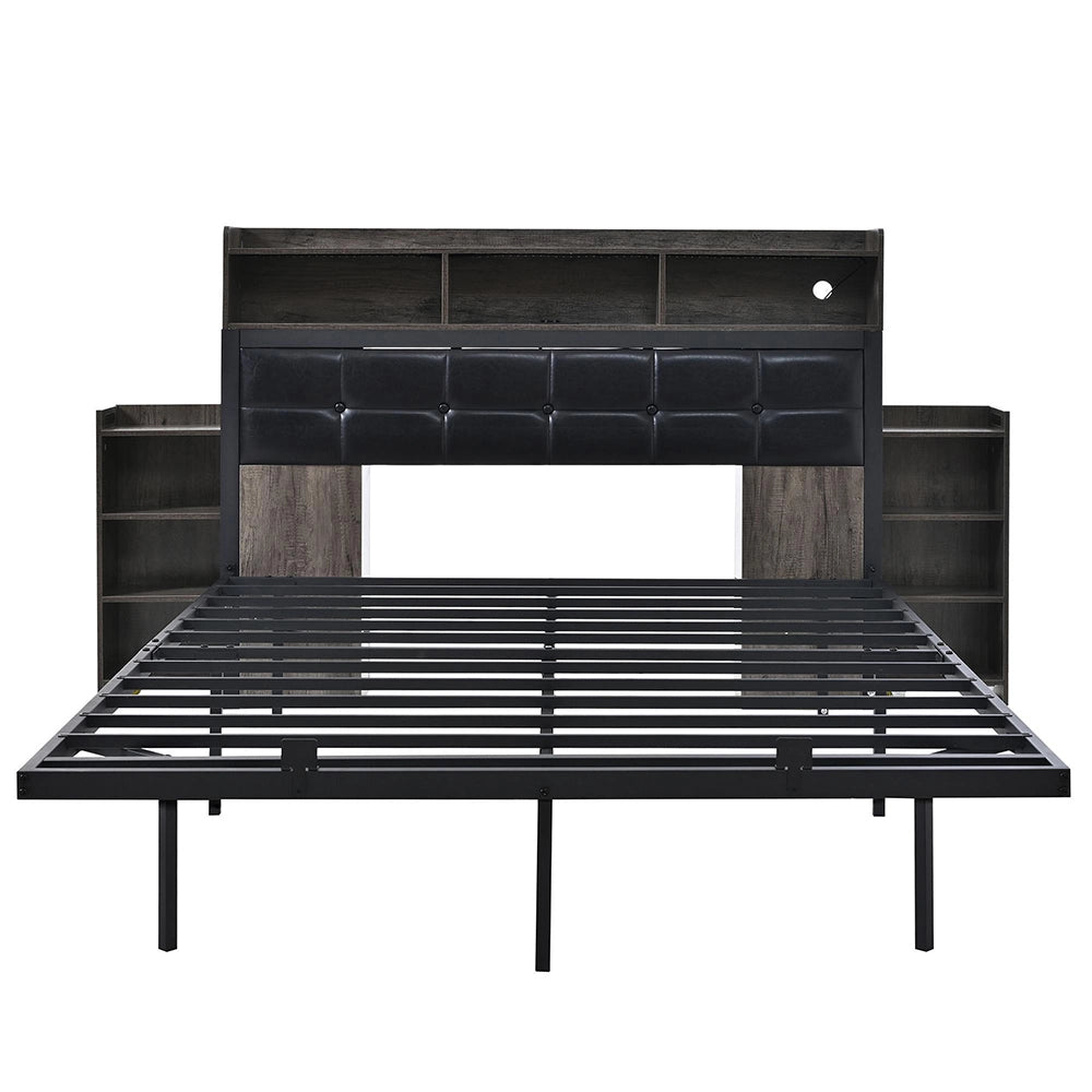 Letto matrimoniale - Xylo - 140x190 cm - Grigio - Testiera, comodini scorrevoli, ricarica USB/LED