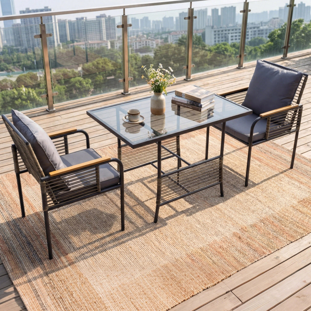 Set bistro vimini 3 pezzi rattan tavolo rettangolare sedie-Set pranzo esterni salvaspazio cuscini patio balcone veranda Grigio