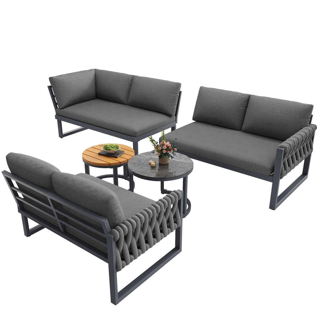 OKWISH Set da 5 mobili da giardino con 2 divani singoli, 1 divano angolare e 2 tavoli, Olefin Grigio
