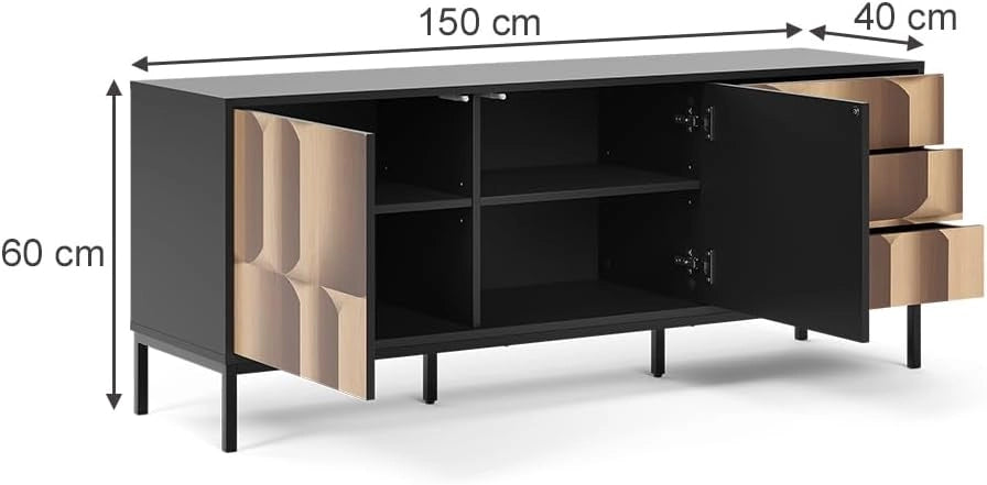 Lowboard Eliza, Nero/quercia, 150 x 60 cm con 3 cassetti, utilizzabile come supporto TV e per la conservazione