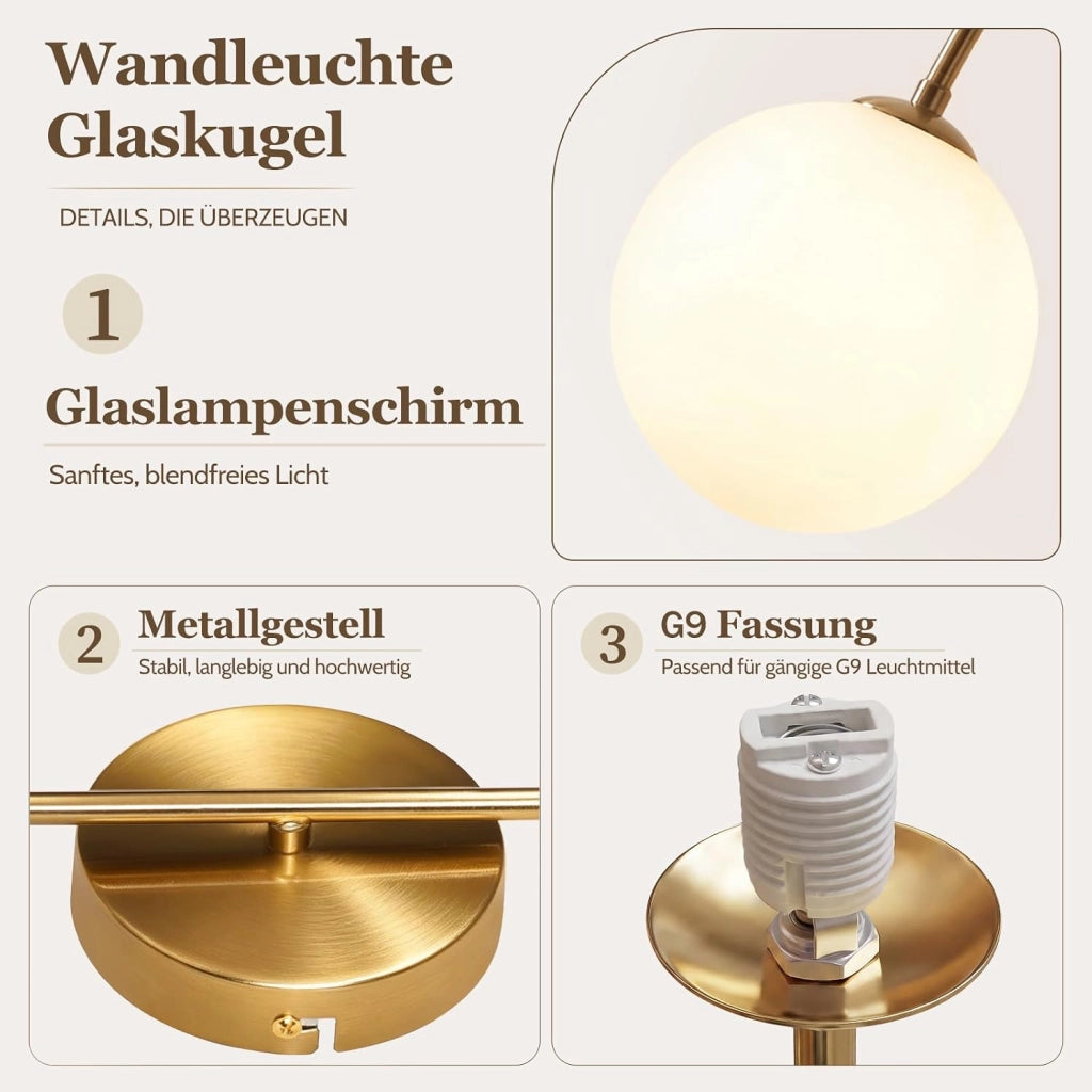 ZMH Lampada da Parete Interni Oro G9 Vetro Sferico 47cm Rotonda Vintage Metall per Soggiorno Hotel Senza Lampadina
