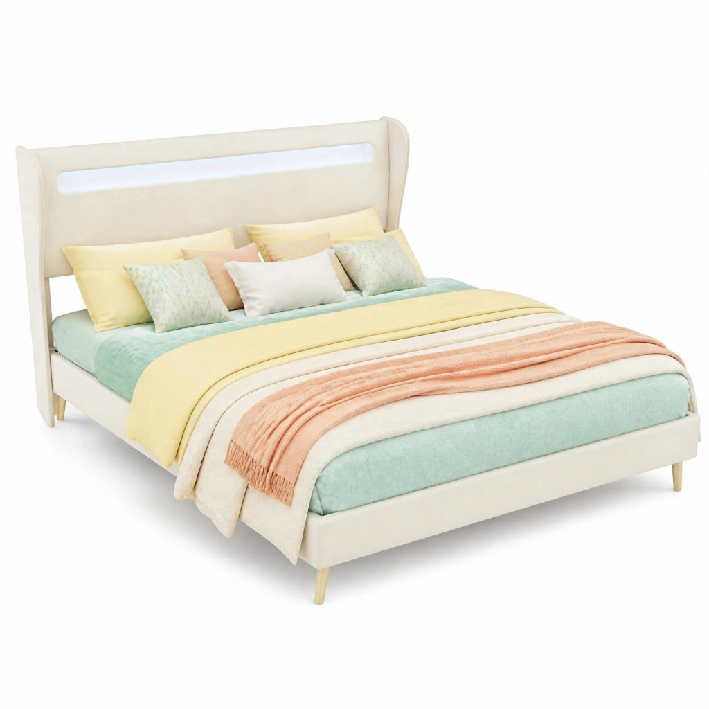Letto basso 160x200 cm con testiera regolabile e LED multicolore; tessuto e metallo; beige