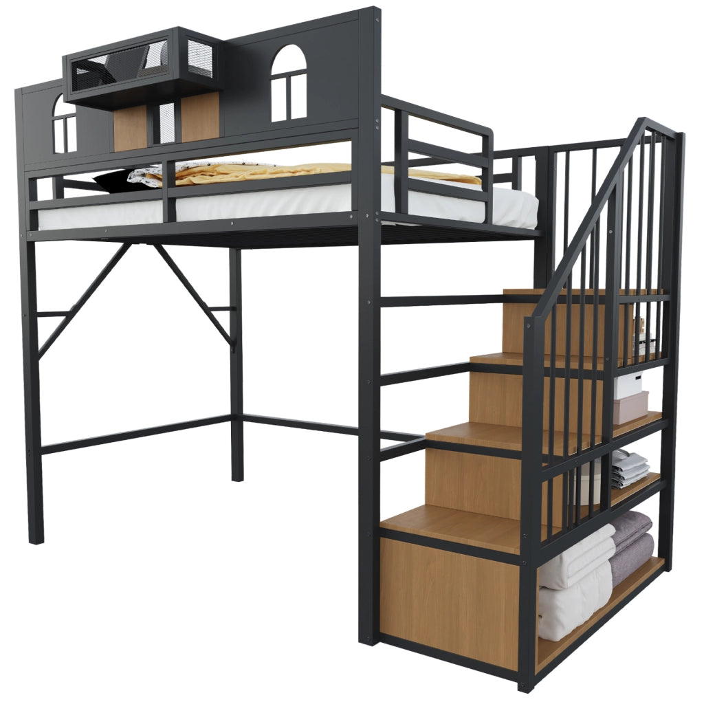 Letto a soppalco in metallo 90x200 cm con scala contenitore e luce; nero