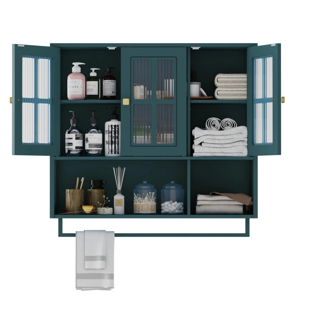 OKWISH Pensile da Bagno con 3 Ante, 1 Vano Aperto e Portasciugamani, MDF e Vetro, Verde Scuro, 88×26×82,5 cm