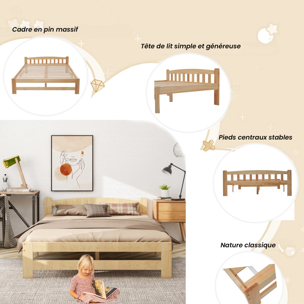 Letto Matrimoniale Letto in Legno Massello con Testiera e 15 Doghe; Superficie 140 × 200 cm; senza Materasso; Naturale