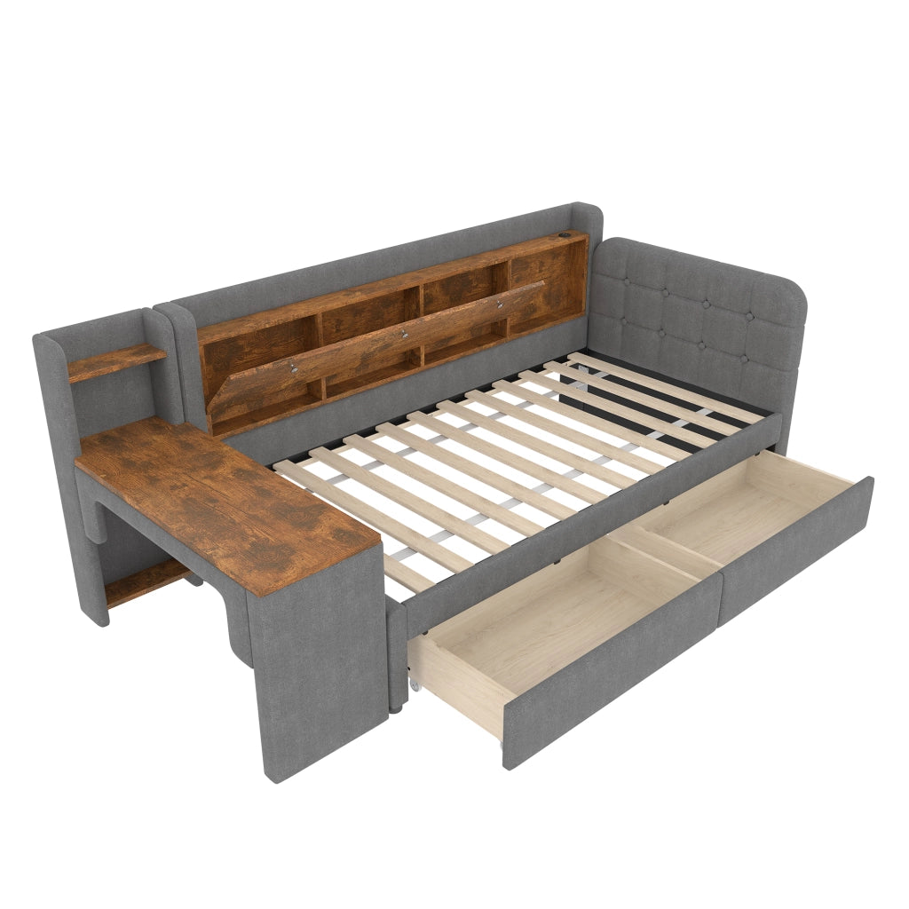 Letto singolo 90×200 cm con 2 cassetti; scrivania; USB e type-c; vano ribaltabile; senza materasso; lino; grigio