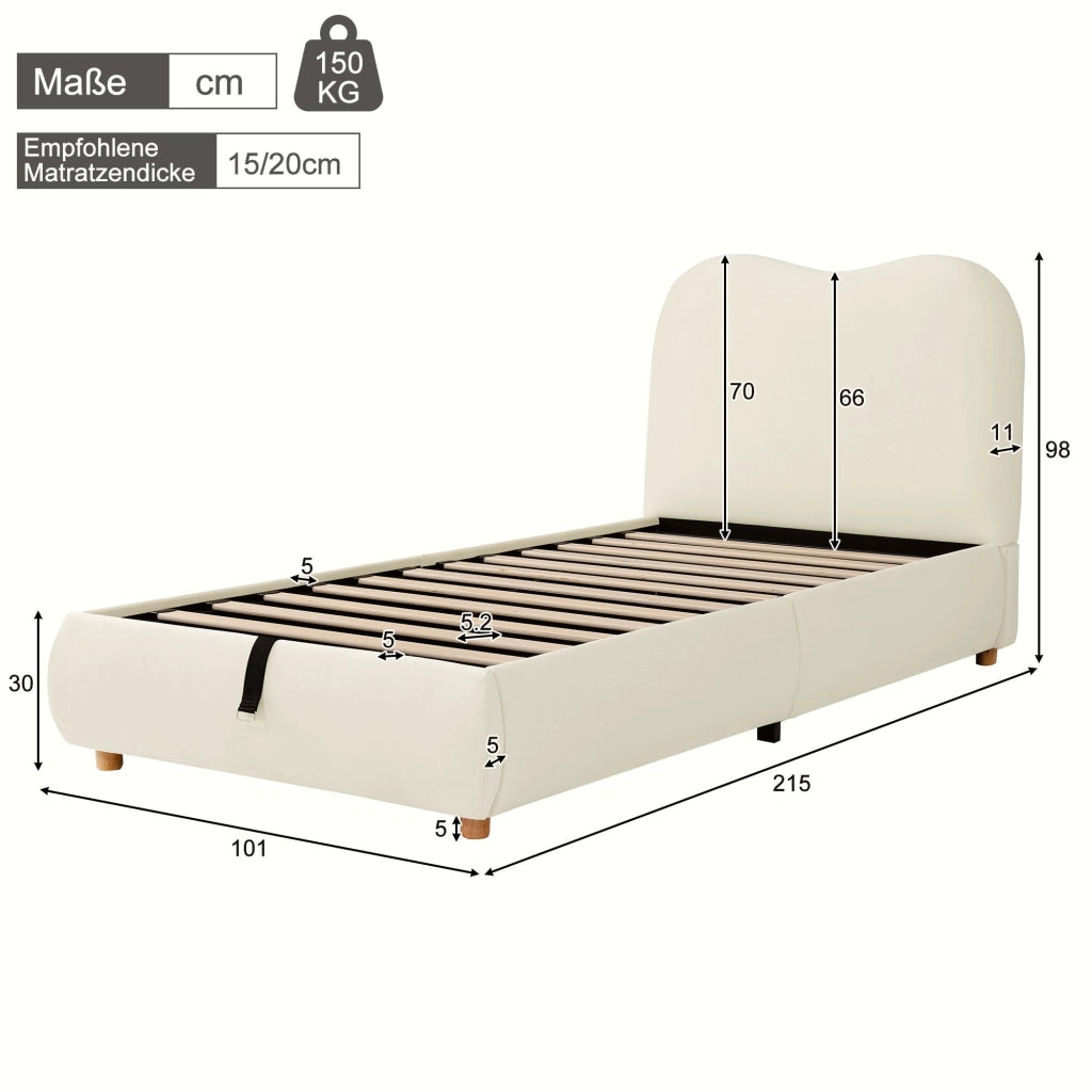 Letto per bambini 90 × 200 cm con contenitore idraulico, testiera imbottita, senza materasso, in velluto beige