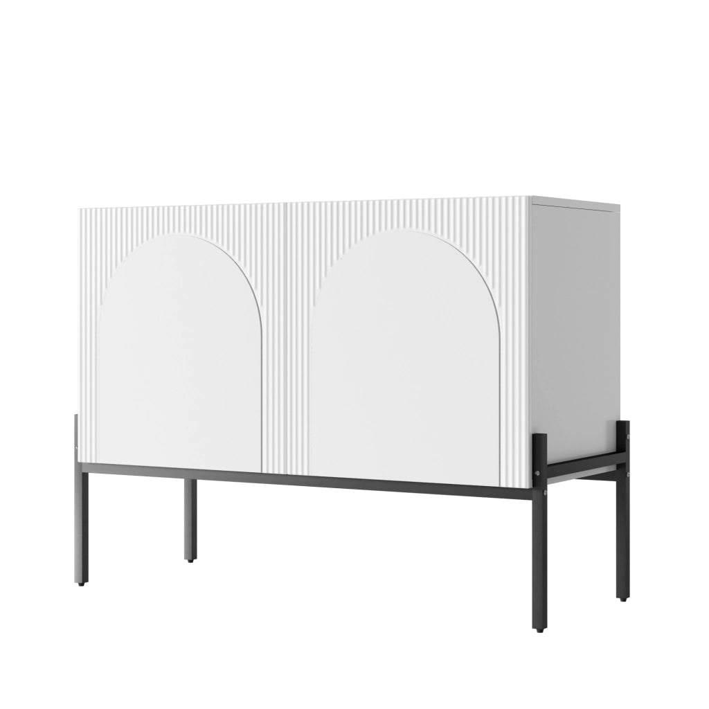 Credenza moderna con 2 ante, struttura in metallo e design ad arco, bianca, 100 x 40 x 75 cm