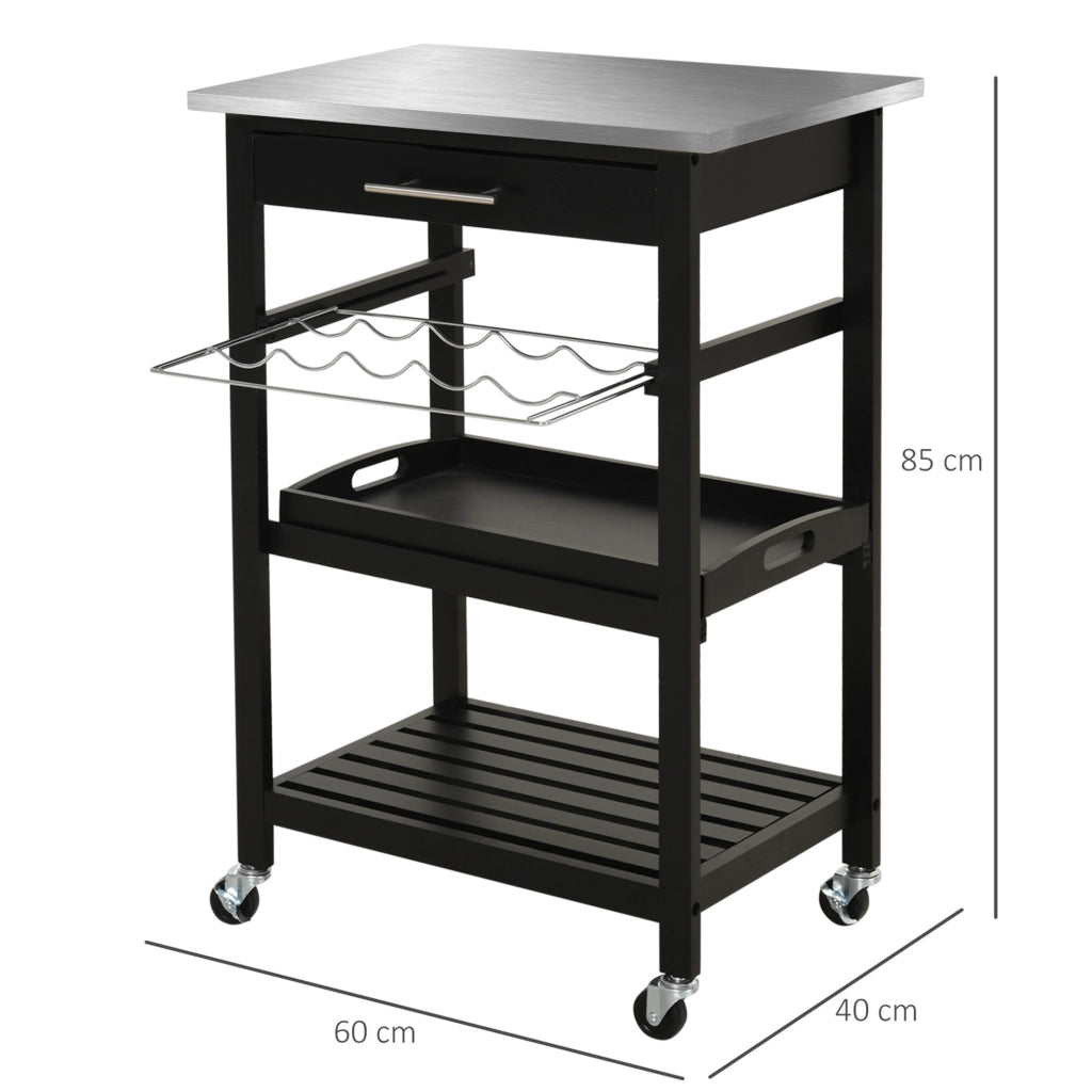 Carrello da Cucina ¨C Xylo ¨C 60x40x85 cm Piano in Acciaio Inox Nero con Ripiani