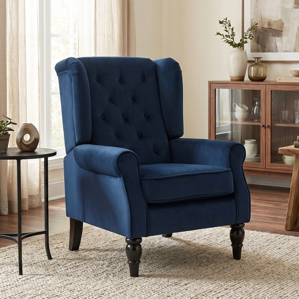 Poltrona capitonn¨¦ con schienale alto e braccioli ¨C Xylo ¨C tessuto blu scuro 74x86x102cm