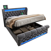 Letto Contenitore 140x200 cm; Letto Matrimoniale; LED; USB e Type-C; in Velluto; Grigio