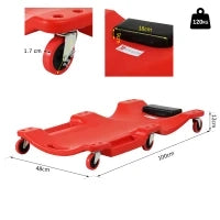 DURHAND Carrello da Meccanico con Poggiatesta Imbottito e 2 Vassoi Laterali in Plastica Rossa, 100x48x12 cm