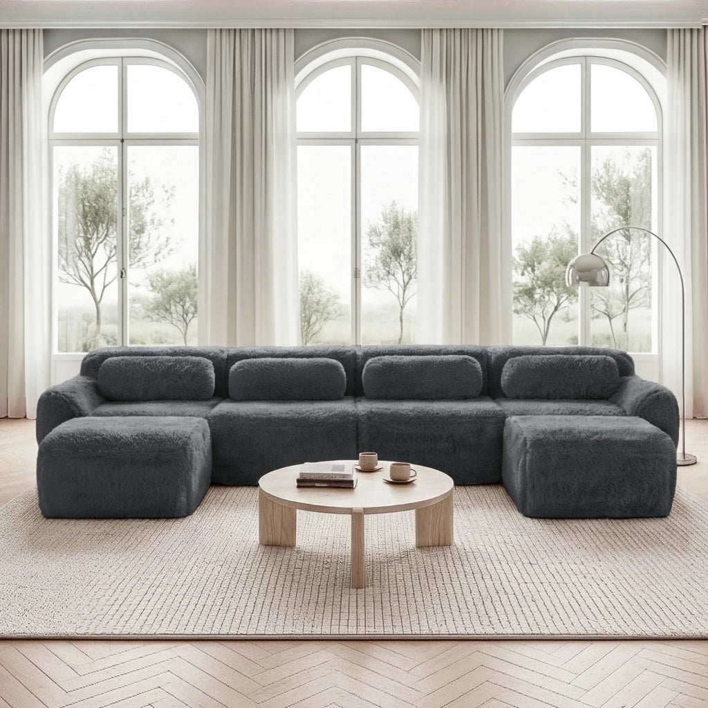 Divano modulare a U in tessuto plush grigio 378x179x73 cm; senza montaggio