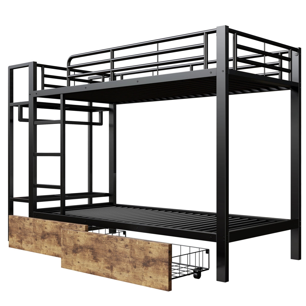 Letto a castello ULEVR 90x200 cm con LED controllabile tramite app, 2 cassetti e ripiani, nero