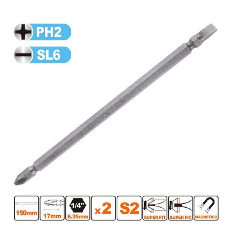 Trade Shop - Kit 2pz Di Bits Da 150mm Punte Doppie Inserti Ph2 + Sl6 Punta S2 Magnetica 57245 -
