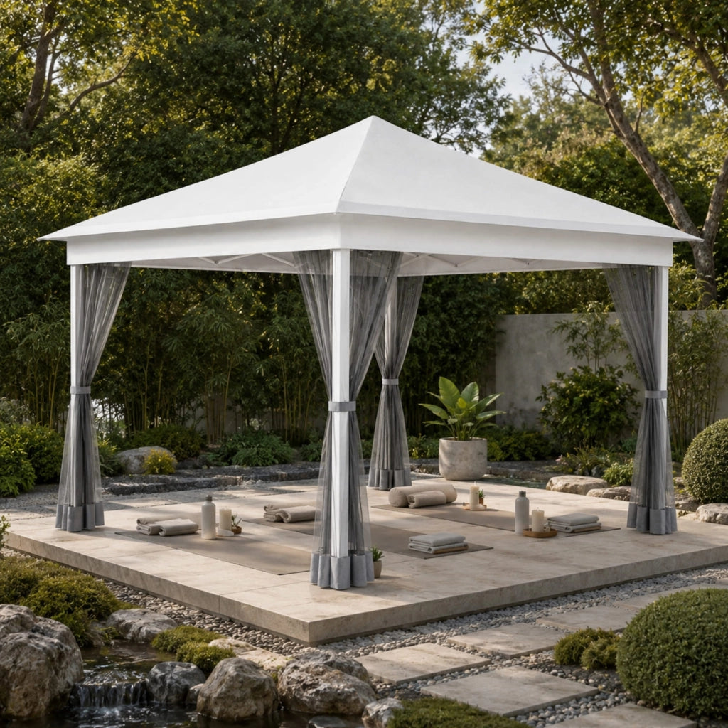 Gazebo Pieghevole Da Giardino Con Teli Zanzariera Laterali Copertura Oxford UV50+ Telaio Regolabile Pop Up Con Borsa Trasporto Outdoor 360 x 360 x 310 Cm Bianco