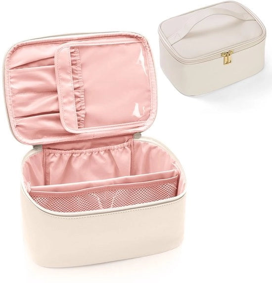 Borsa da toilette per donne, viaggi, grande con separazione e maniglia, impermeabile, borsa da viaggio, borsa da petto, #3 Beige, 24 x 16,5 x 12 cm