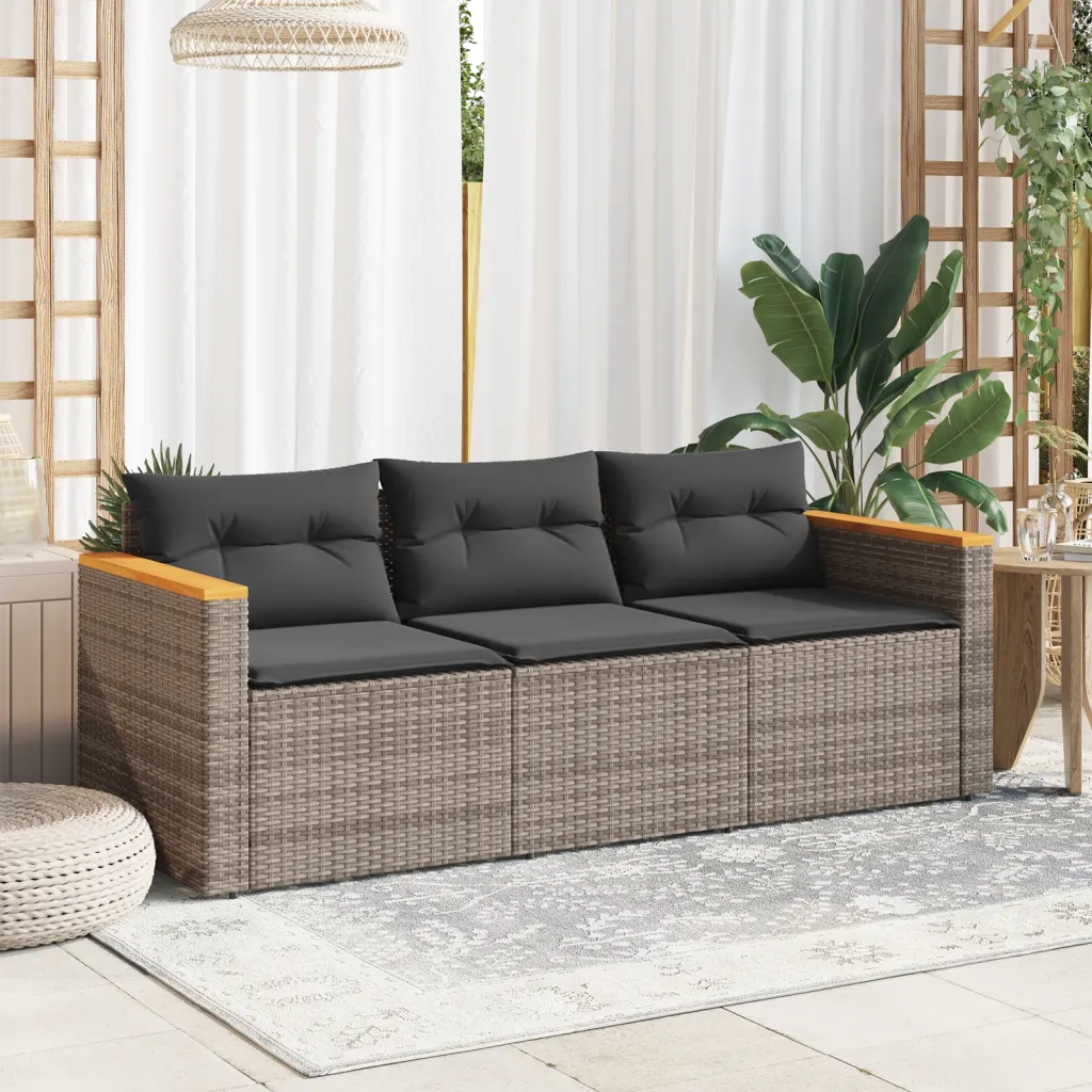 Divano da Giardino con Cuscini 3 Posti Grigio in Polyrattan 365830