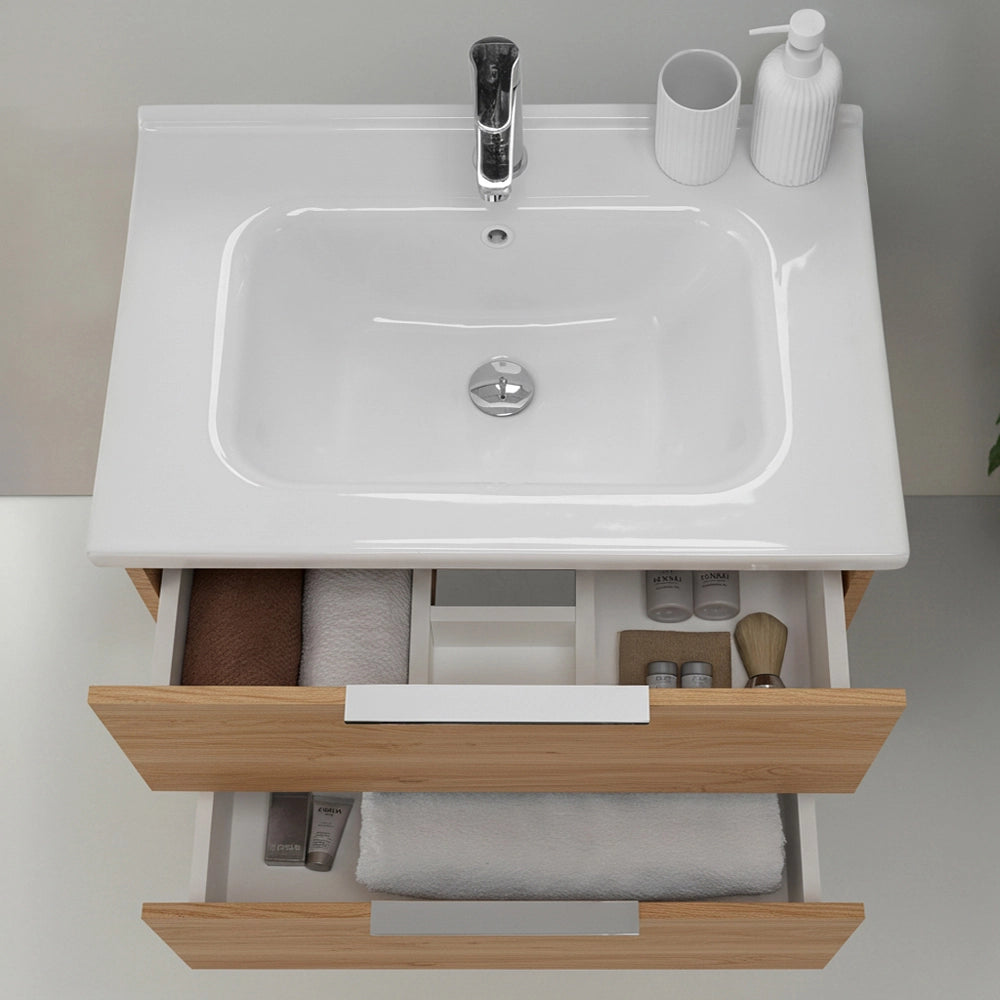 Mobile bagno sospeso 80cm rovere con cassetti lavabo e specchio Elva