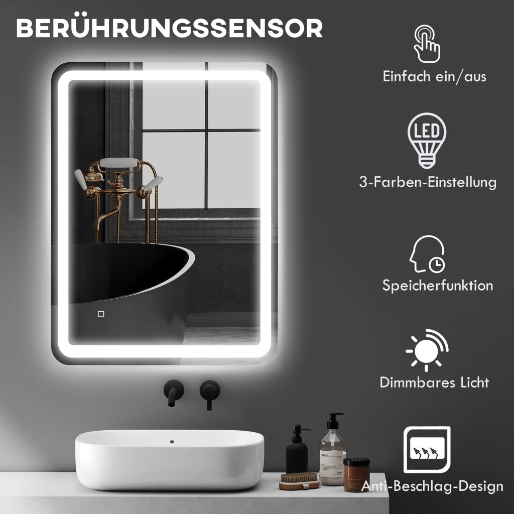 Specchio da Bagno Illuminato ¨C zephmum ¨C Touch Dimmabile 3 Colori 60x80cm Argento