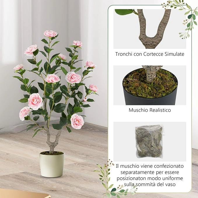 Albero di Camelia Artificiale 90 cm, Pianta Finta in Vaso con 16 Fiori Vivaci e 116 Foglie Vibranti, Pianta Decorativa per Soggiorno, Camera da Letto, Ufficio e Veranda (Rosa)