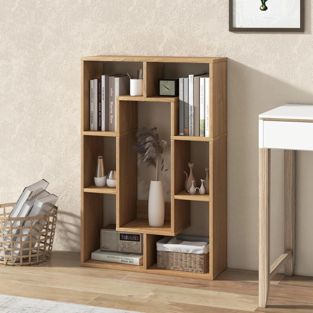 Libreria in Legno, Scaffale Aperto Geometrica a 7 Cubi, Scaffale da Esposizione con Dispositivo Anti-Ribaltamento, per Ufficio Soggiorno Camera da Letto, 60x20x90 cm (Naturale)
