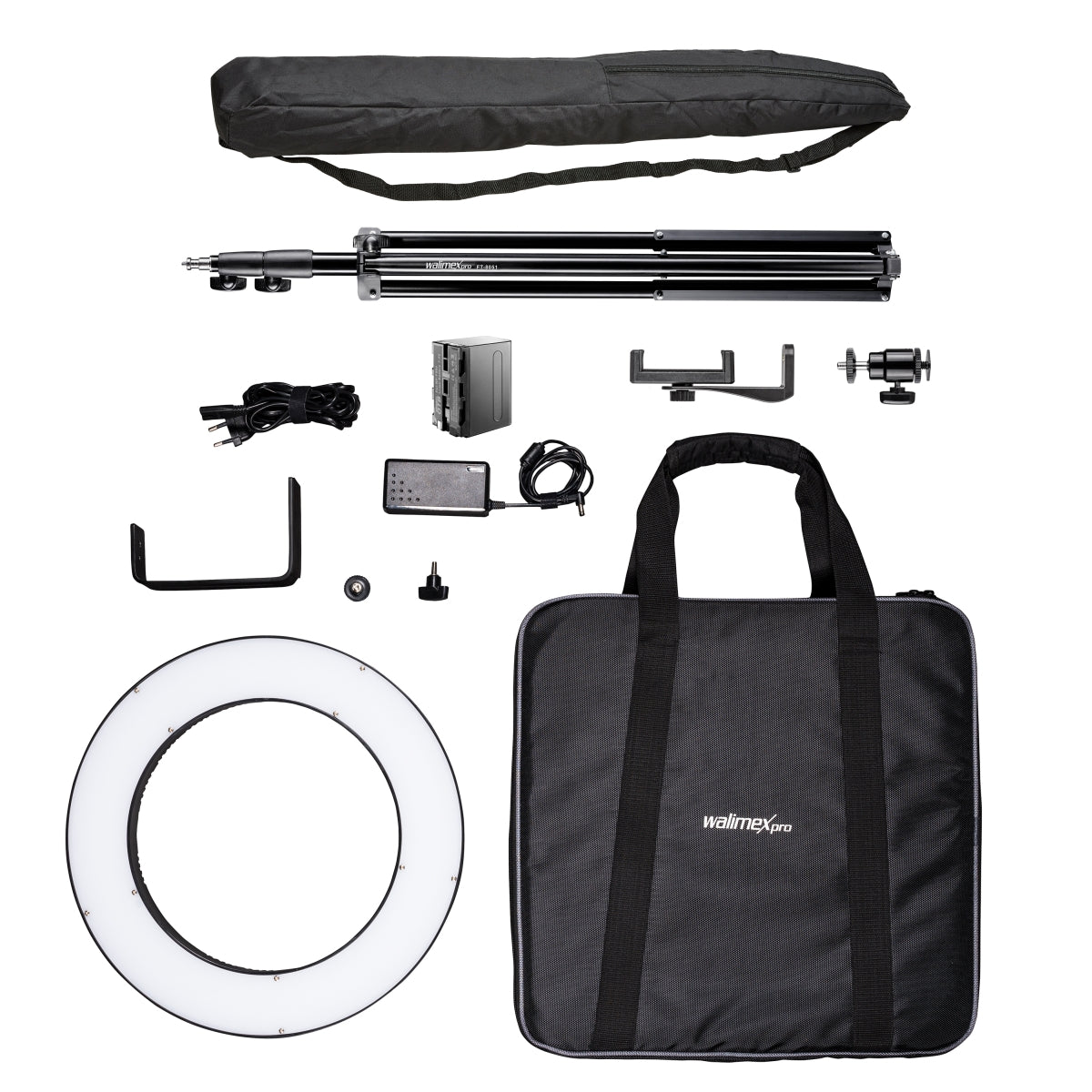 Ring light a LED 380 Bi-Color dimmerabile 23W, Luce ad anello con treppiedi fotografico e batteria, per foto e video, incl. accessori