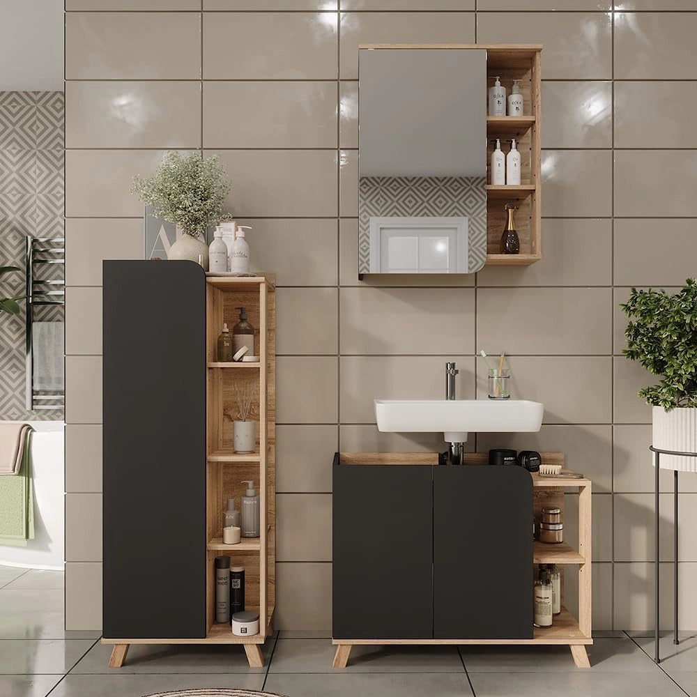 Set di mobili da bagno Karen, Sonoma/antracite, 80 cm, composto da mobile sottolavabo, specchiera e mobile medio