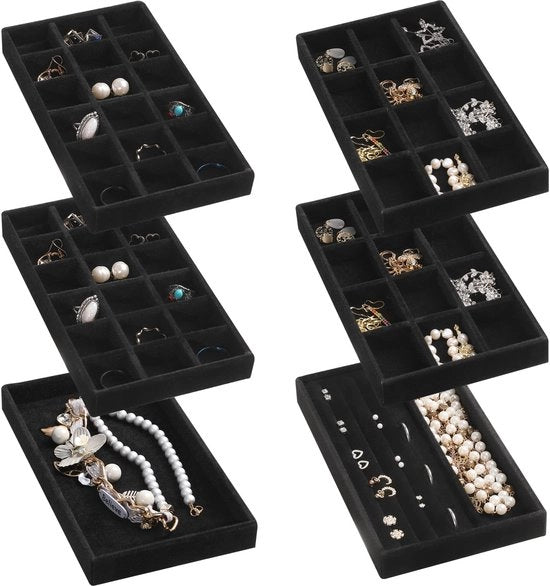 Organizzatore di gioielli a stecche, Scatole di gioielli in pelle, Accessori di carico, Organizzatore di orecchini per donne e ragazze, Cassetto di conservazione di gioielli per anelli, orecchini, Set di 6 (Nero)