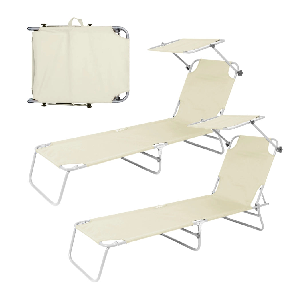 Coppia Lettini Prendisole Pieghevoli con Parasole Regolabile, Schienale Reclinabile in 4 Posizioni, Struttura in Acciaio Anti-Ruggine, Tessuto Impermeabile Anti-UV, Portata 110 kg Ecru