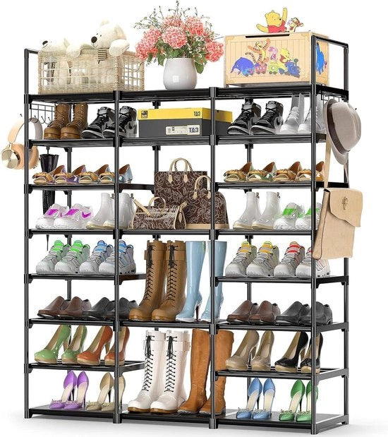 Sistema di conservazione delle scarpe con 8 livelli e 3 file di pannelli in metallo per scarpe - Capacità di conservazione 40-50 paia - Adatto per soggiorno, camera da letto, corridoio - Nero