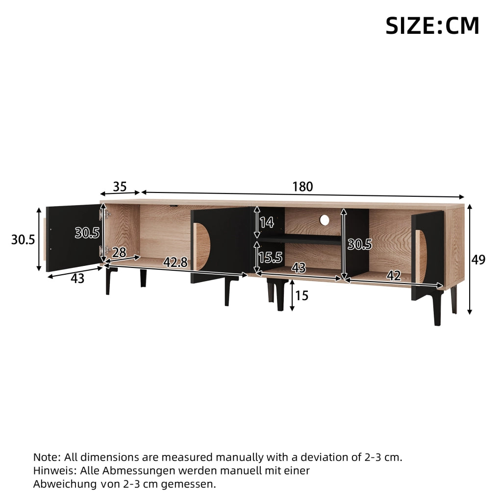 Mobile TV 180x35x49 cm con 3 ante e 2 vani aperti in truciolato naturale e nero