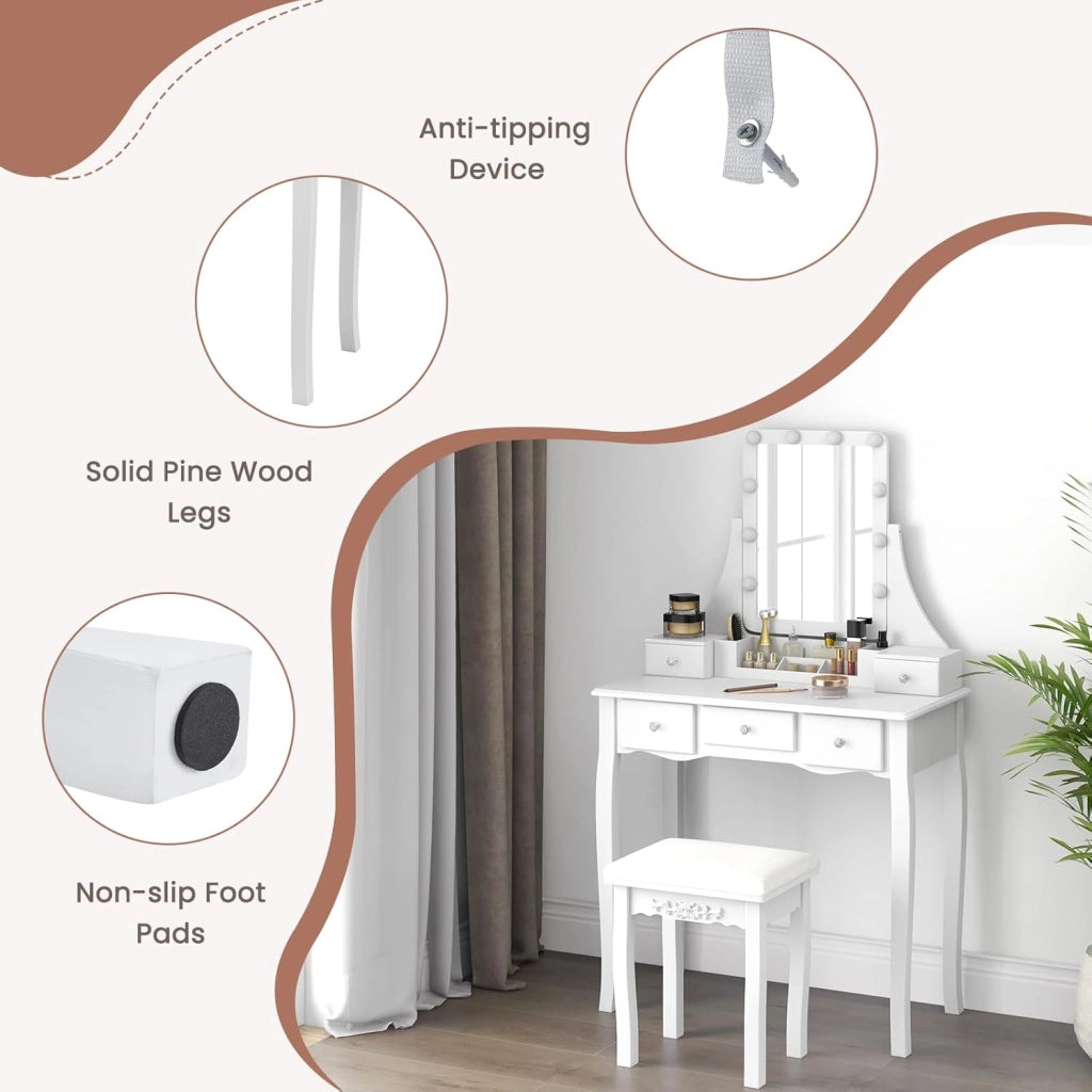 Tavolo da toeletta con specchio a LED e sgabello, specchio e luci a 3 colori, luminosità regolabile, gambe in legno massello, 5 cassetti di stoccaggio