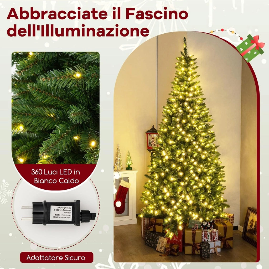 Albero di Natale Artificiale da 240 CM per Angolo, Albero di Natale Pre-illuminato con 360 Luci LED Bianche Calde, 1137 Rami e Supporto in Metallo, Decorazione Festiva Salvaspazio per Casa