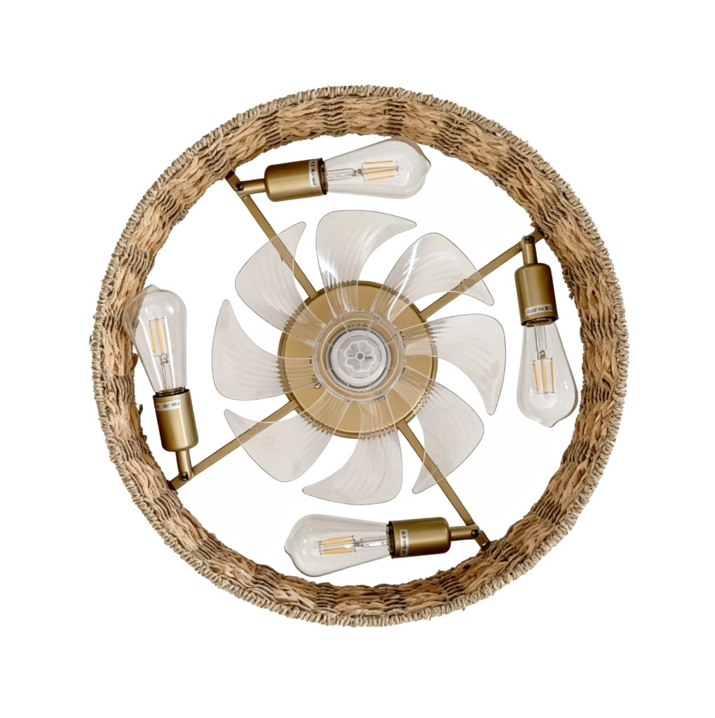 Lampada a soffitto con ventilatore in rattan, 4 attacchi E26, controllo App e telecomando, rame