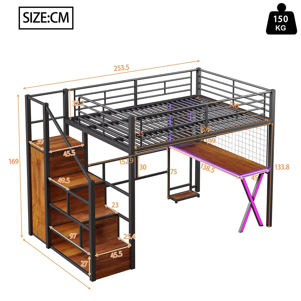 Letto mezzanino 140x200cm - Xylo - nero, armadio, scrivania, spazio libero