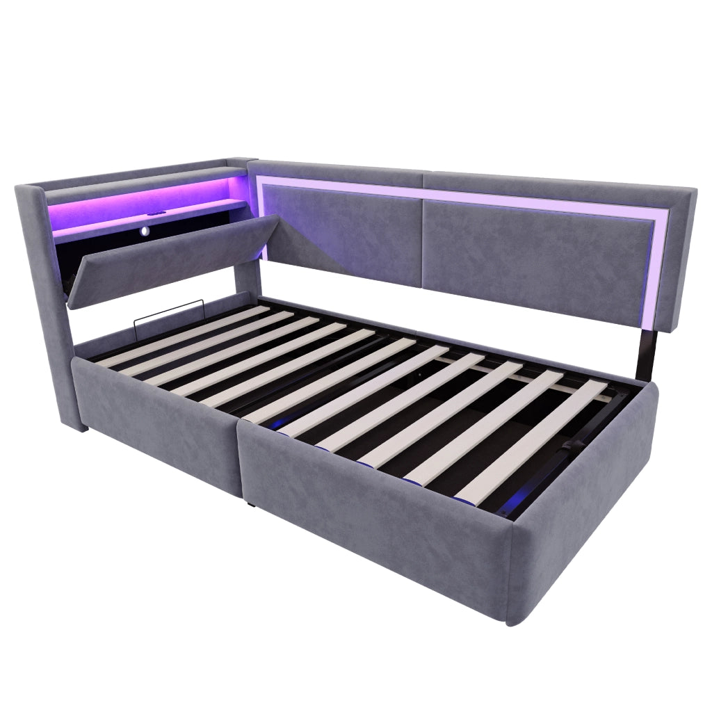 Divano letto imbottito con contenitore, testiera con ripiani, LED e USB, rete a doghe, in velluto grigio 90 × 200 cm