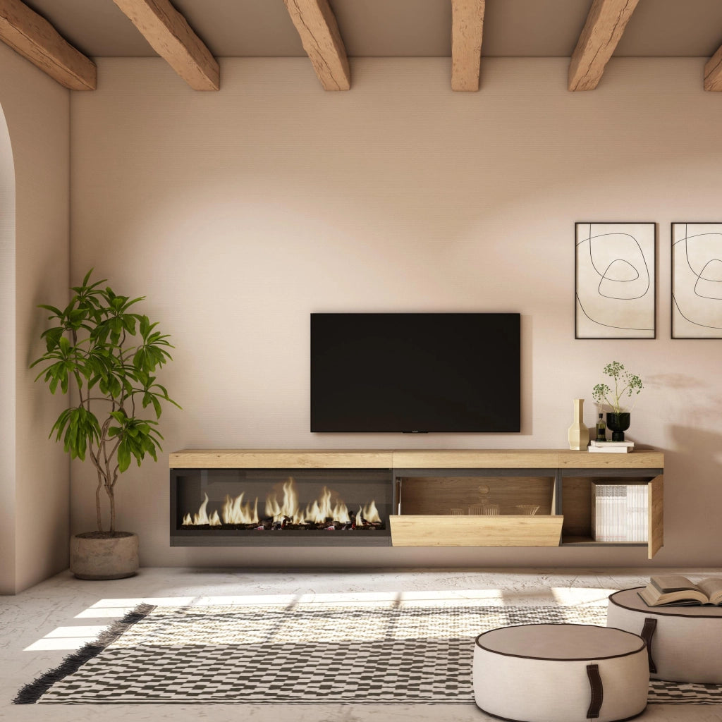 Mobile TV Soggiorno, 237x35x45cm, TV di grande formato, Camino elettrico XXL, da appendere, colore Rovere RF3591