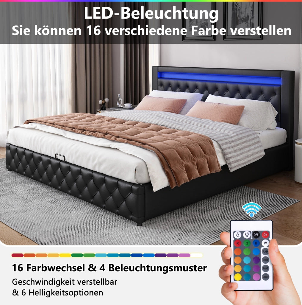 LETTO Imbottito 140x200 cm in PU Nero con LED e vano contenitore