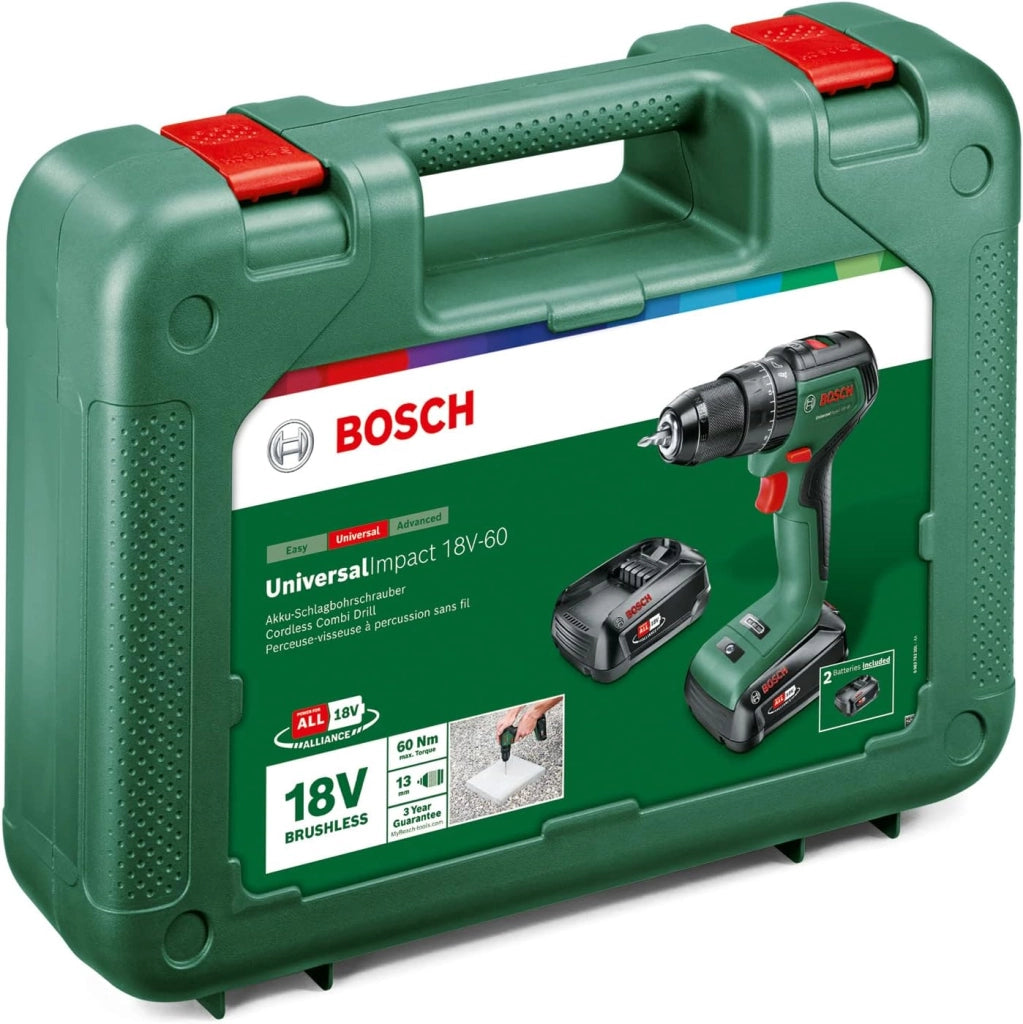 Bosch Trapano con percussione a batteria UniversalImpact 18V-60 (2 batterie da 2,0 Ah, sistema 18 Volt, in valigetta