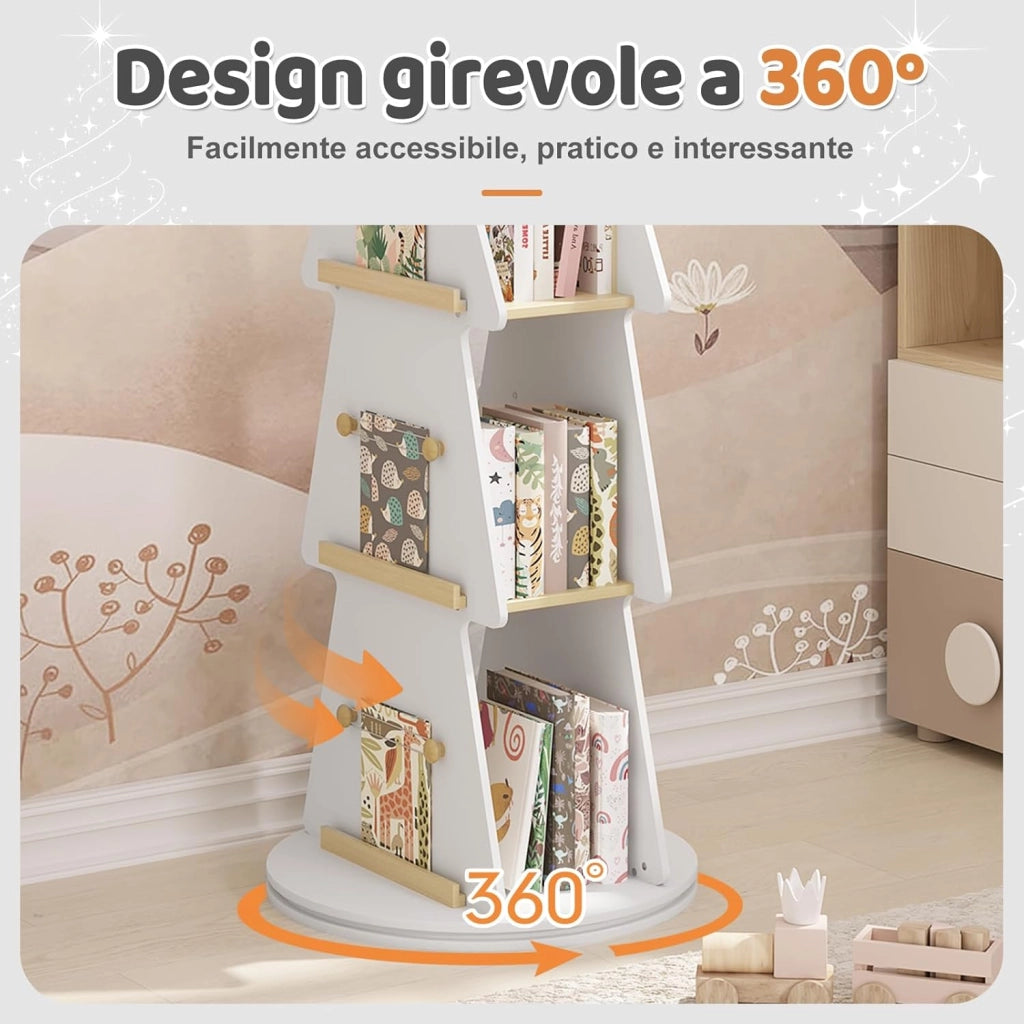 Libreria per Bambini, Libreria Rotante a 4 Ripiani, Porta Libri per Bambini ad Albero, Libreria Girevole per Cameretta, Nido Asilo, Scaffale Bianco, in Legno, Ø48x103,5cm
