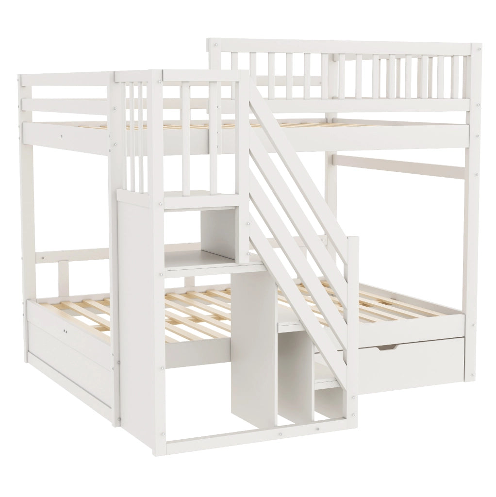 Letto a castello in legno massello 140x200 cm con scala contenitore e cassetti; bianco