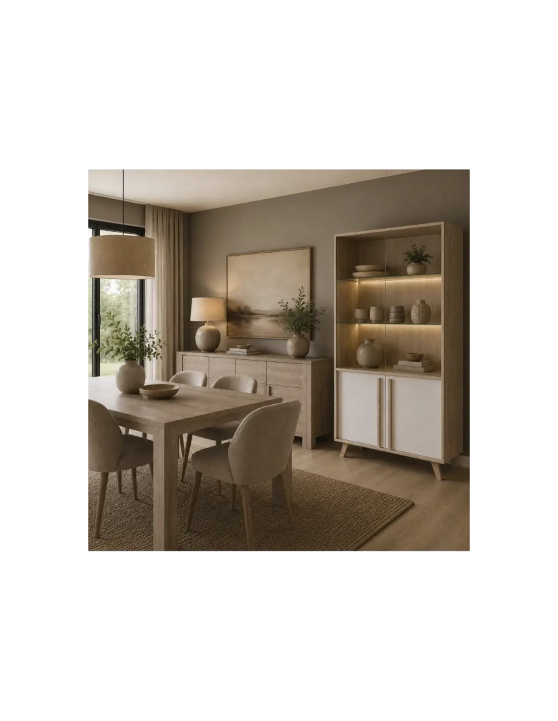 Sala da pranzo completa MALMO con tavolo 160 cm e vetrina LED – Rovere chiaro e bianco – Stile scandinavo