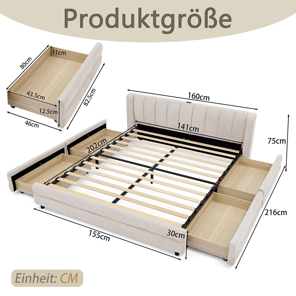 Letto matrimoniale con contenitore - Xylo - 140x200 cm - Beige - Porte USB tessuto morbido