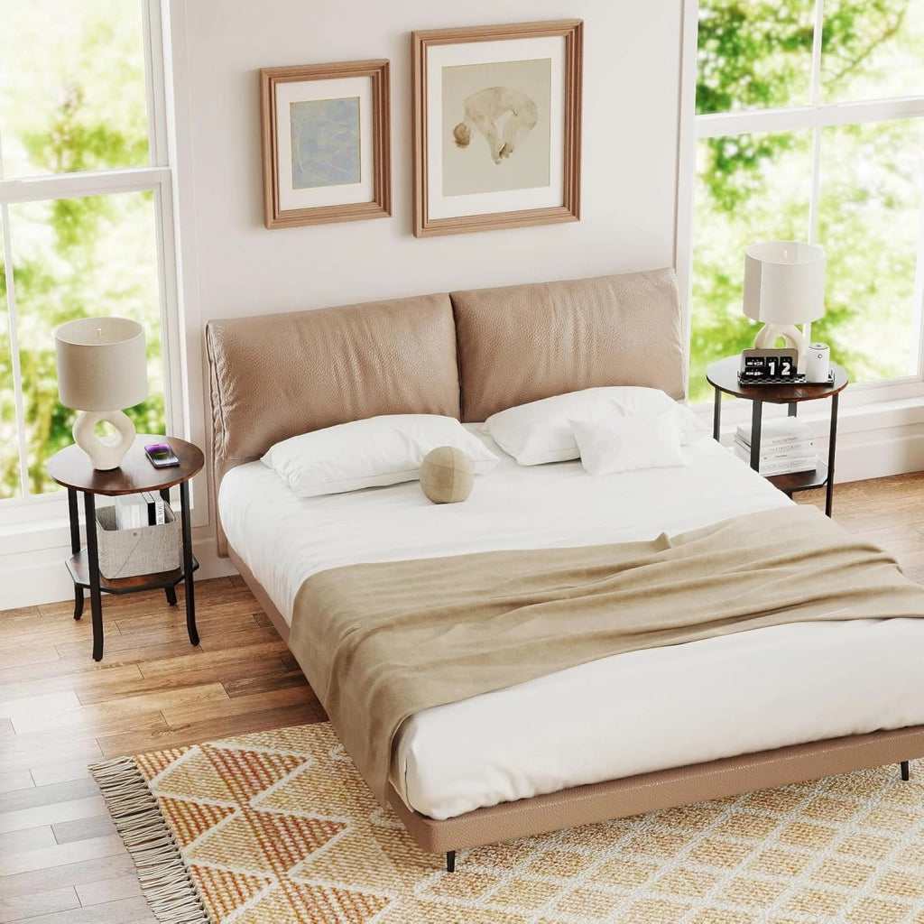 Tavolino Rotondo a 2 Livelli, Tavolino da Divano e Letto con Ripiano Portaoggetti e Telaio in Metallo Resistente, Tavolo Versatile per Soggiorno e Camera da Letto (Marrone)