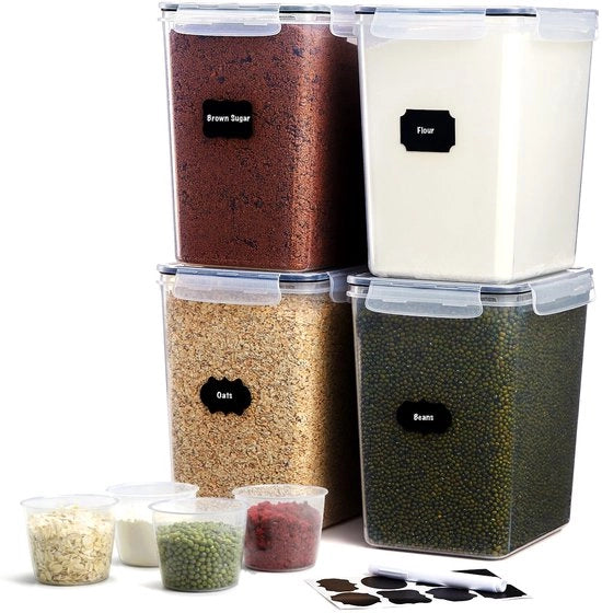 Set di 4 contenitori a chiusura ermetica con coperchi, contenitori di plastica BPA libera grande da 5,2L, contenitore di cucina, contenitori di conservazione con misurini/etichette per farina, cere per colazione, riso, cere