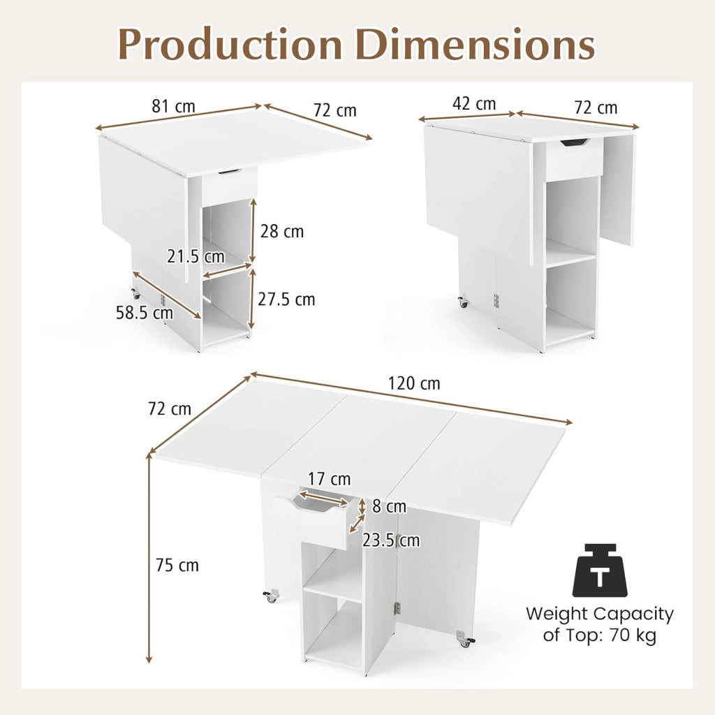 Tavolo da Pranzo Pieghevole, Mobile da Cucina con Ali Pieghevoli, 1 Cassetto e 2 Ripiani Aperti, per 2-4 Persone, Salvaspazio, 120 x 72 x 75 cm, Ideale per Sala e Cucina